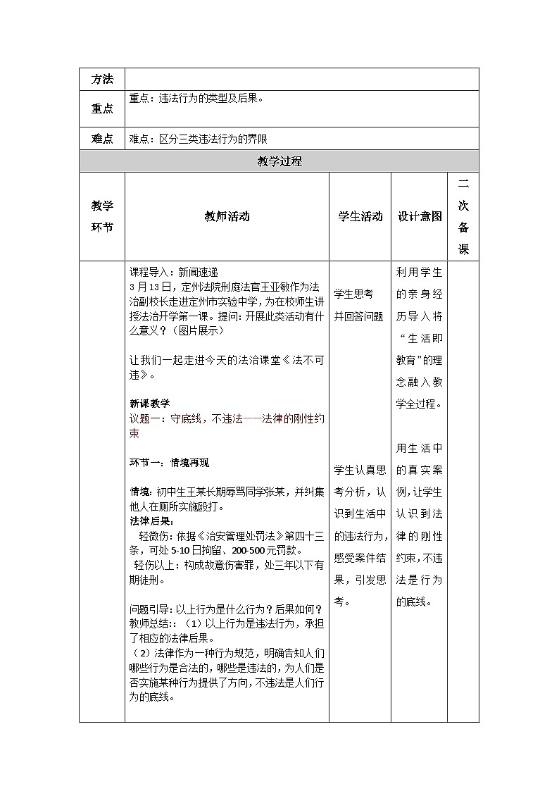部编人教版初中道德与法治七年级下册11.1法不可违教学设计第2页