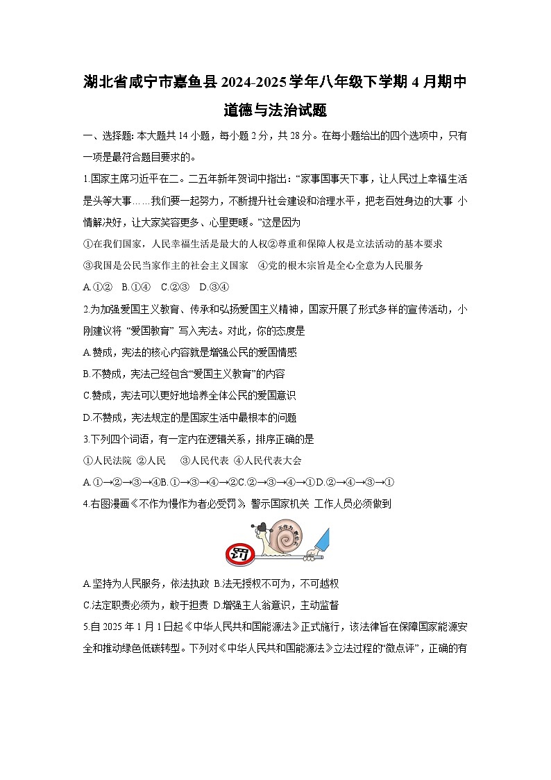 湖北省咸宁市嘉鱼县2024-2025学年八年级下学期4月期中道德与法治试卷第1页
