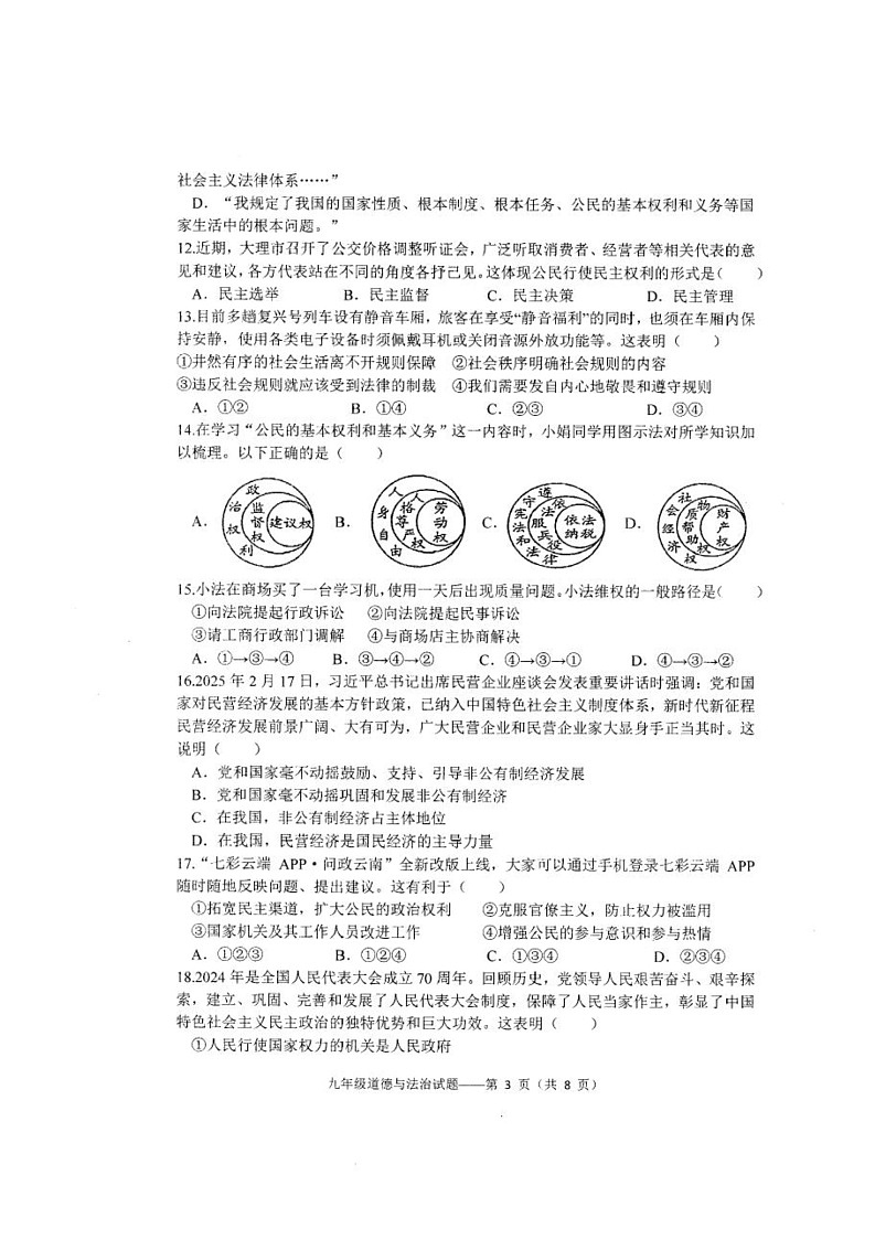 2025年云南省大理白族自治州大理市中考二模道德与法治试题(中考模拟)第3页