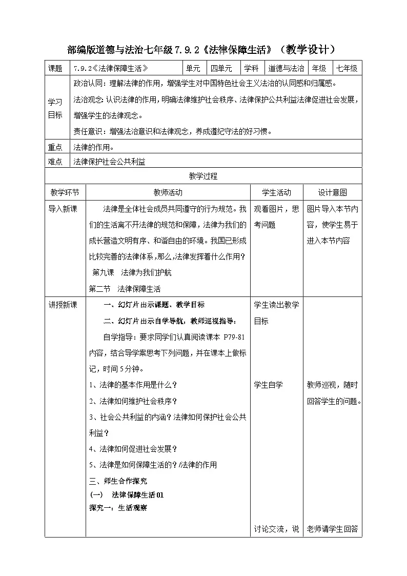 7.9.2《法律保障生活》(教学设计(核心素养目标)第1页