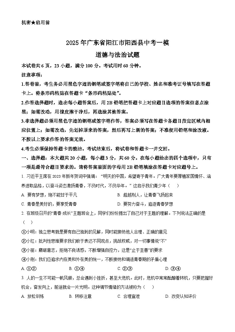 2025年广东省阳江市阳西县中考一模道德与法治试题(中考模拟)第1页