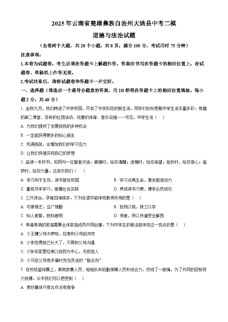 2025年云南省楚雄彝族自治州大姚县中考二模道德与法治试题(中考模拟)第1页