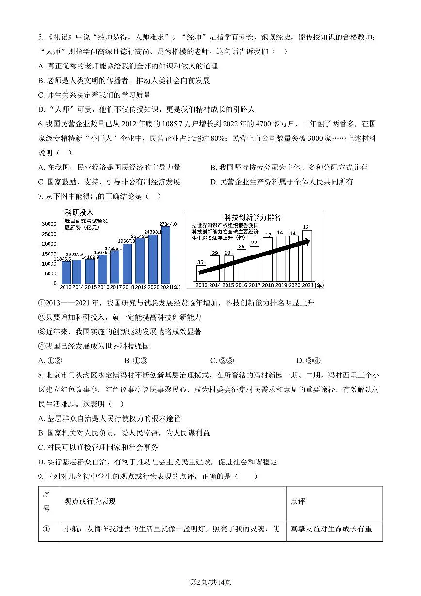 2023北京门头沟区初三二模道法试卷(含答案)第2页