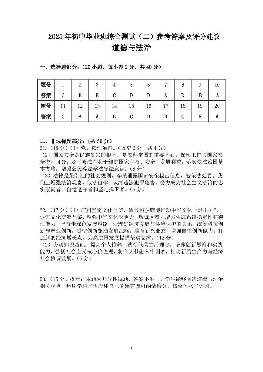 2025年初中毕业班综合测试(二)参考答案——道德与法治(2)(1)第1页