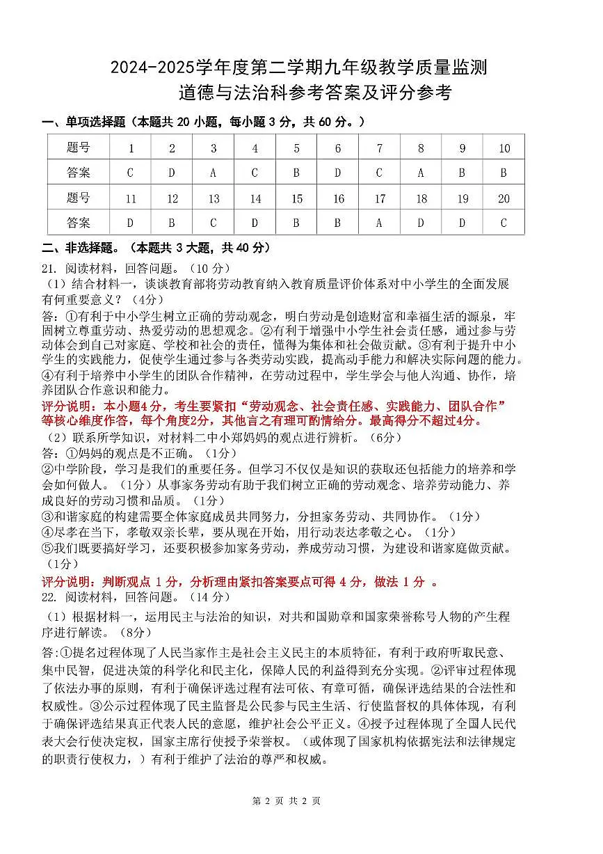 2024-2025学年度汕头市潮南区峡山街道中考三模 道法 2024-2025学年度第二学期九年级教学质量监测 --道德与法治科答案第1页