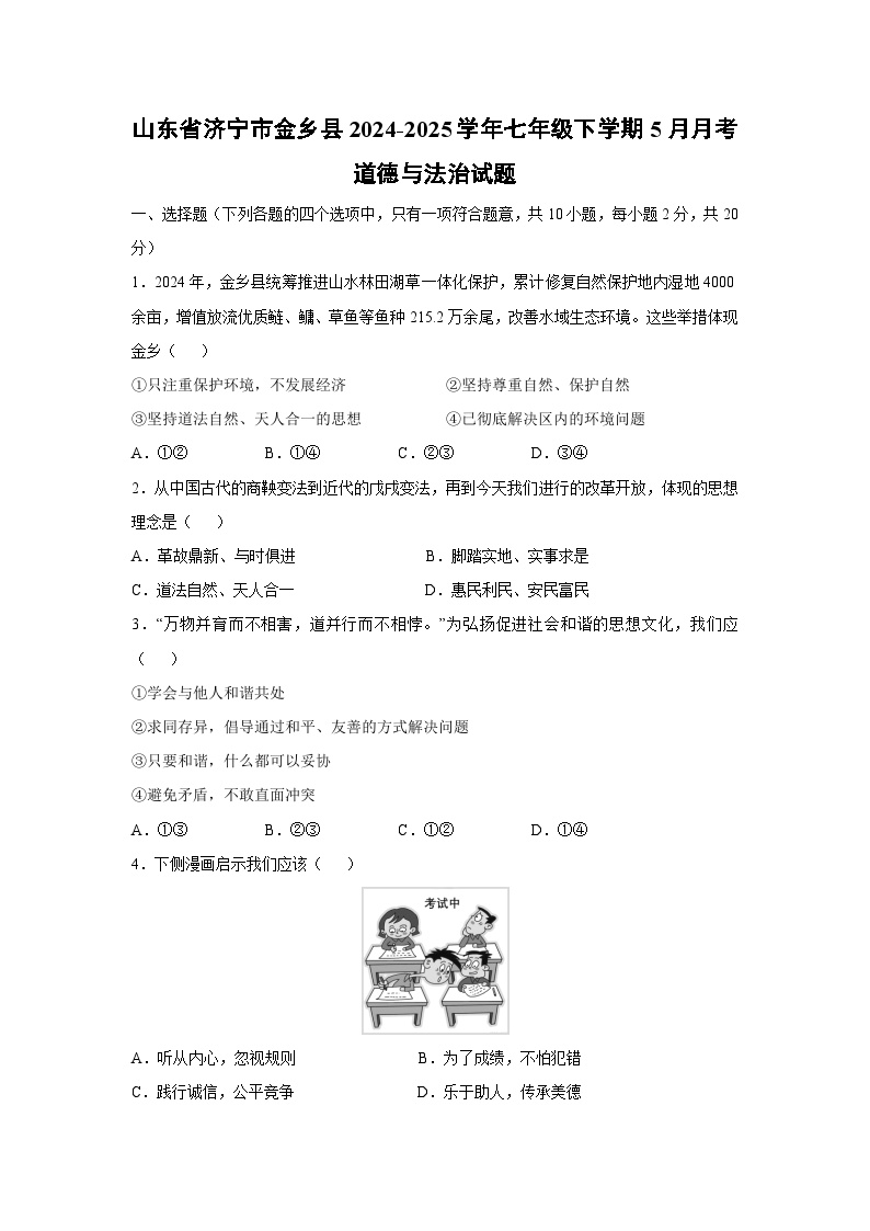 【道德与法治】山东省济宁市金乡县2024-2025学年七年级下学期5月月考试题