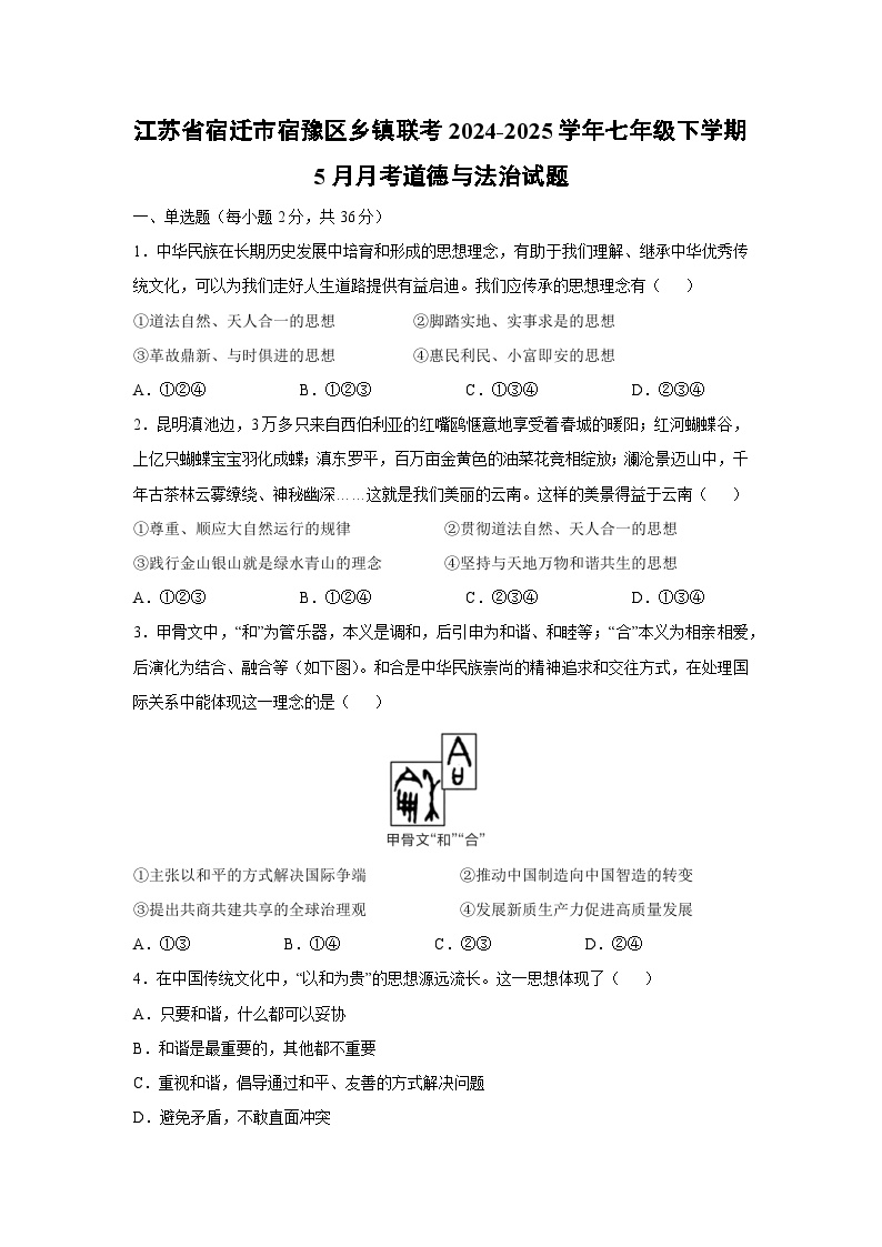 【道德与法治】江苏省宿迁市宿豫区乡镇联考2024-2025学年七年级下学期5月月考试题