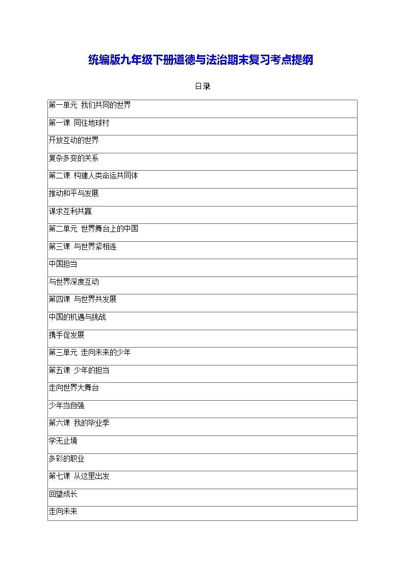 统编版九年级下册道德与法治期末复习 考点提纲 学案