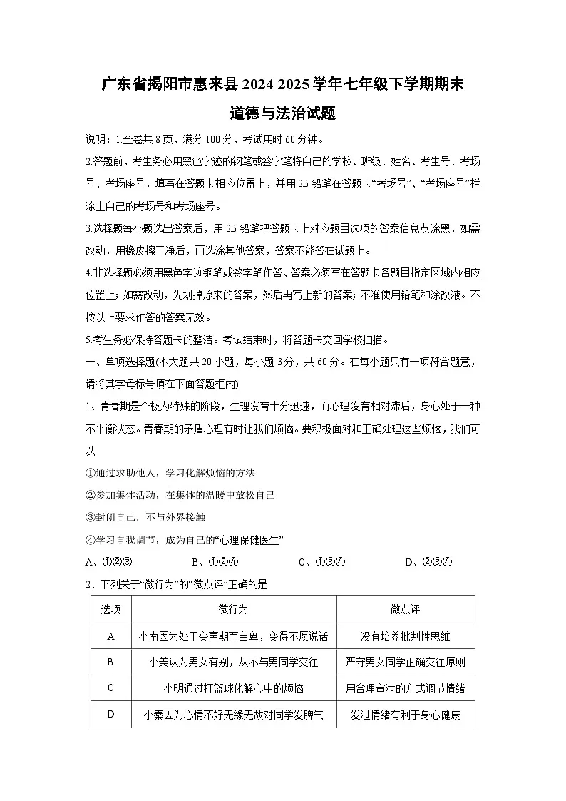 广东省揭阳市惠来县2024-2025学年七年级下学期期末道德与法治试卷第1页