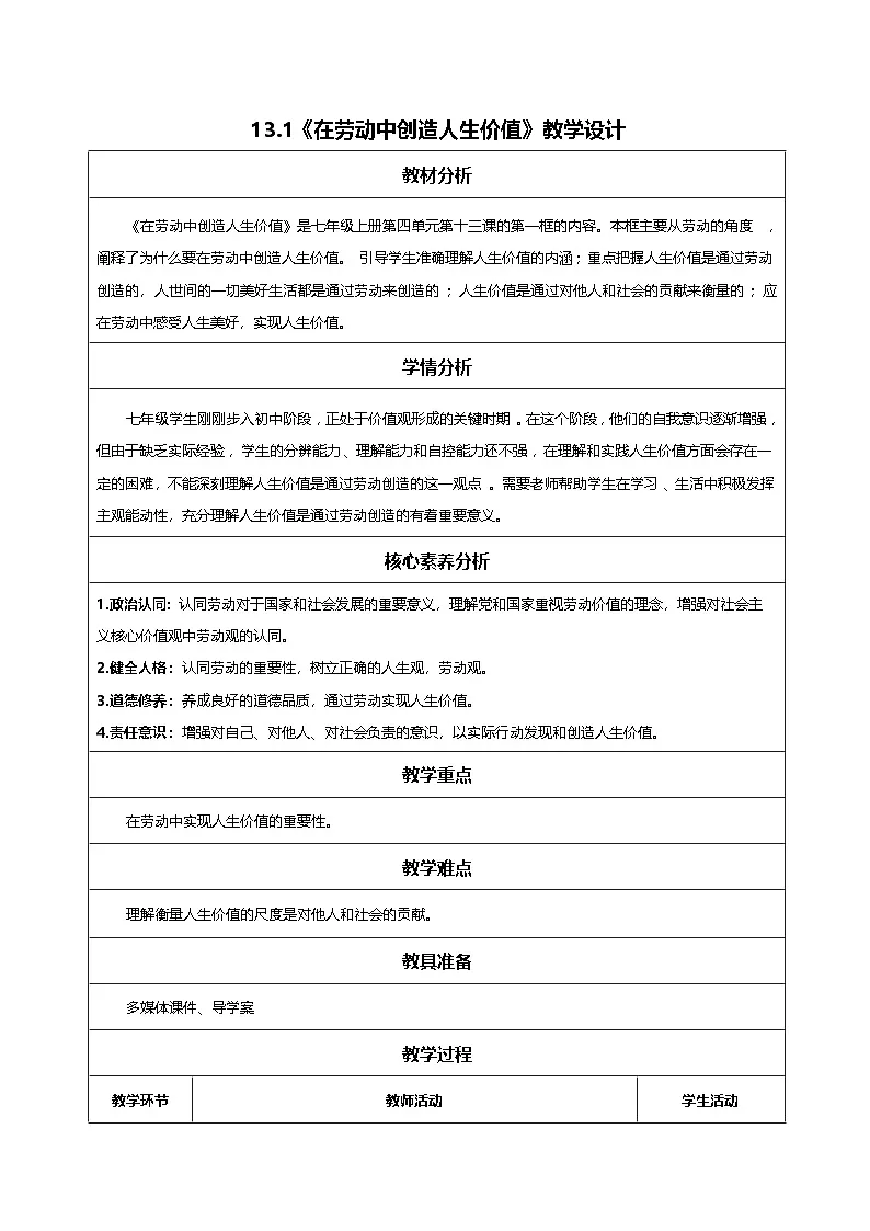 13.1在劳动中创造人生价值-教学设计第1页