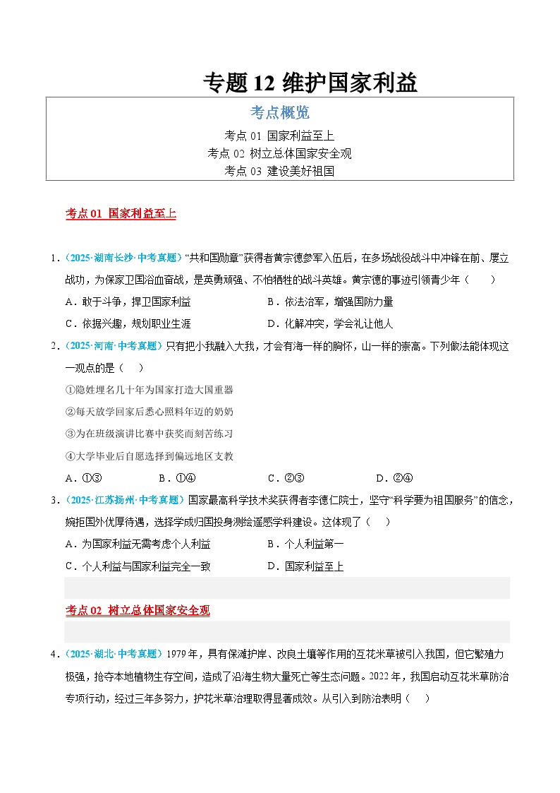 2025年中考道德与法治真题分类汇编（全国通用）专题12 维护国家利益（全国通用）（第01期）（原卷版）