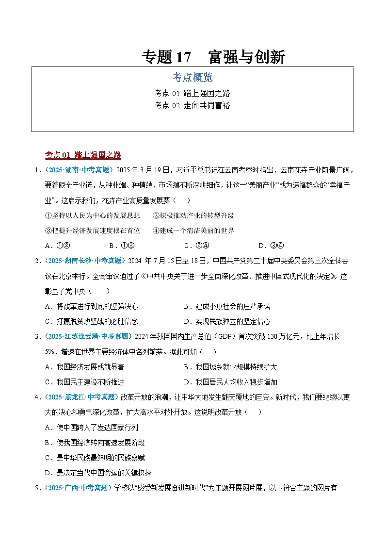 2025年中考道德与法治真题分类汇编(全国通用)专题17 富强与创新(全国通用)(第01期)(原卷版)第1页