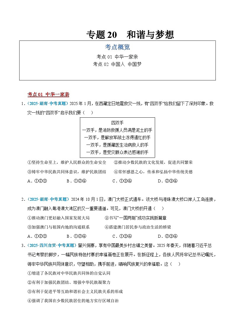 2025年中考道德与法治真题分类汇编(全国通用)专题20 和谐与梦想(全国通用)(第01期)(原卷版)第1页