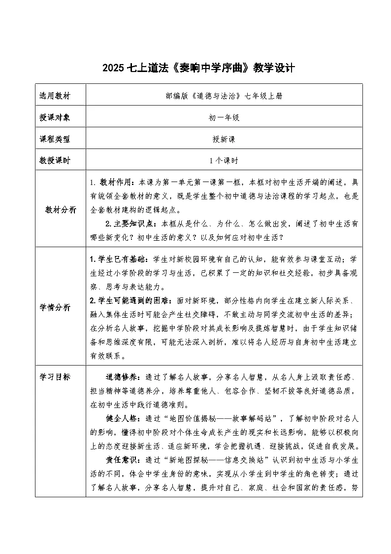 1.1《奏响中学序曲》教学设计 -2025-2026学年统编版道德与法治七年级上册第1页