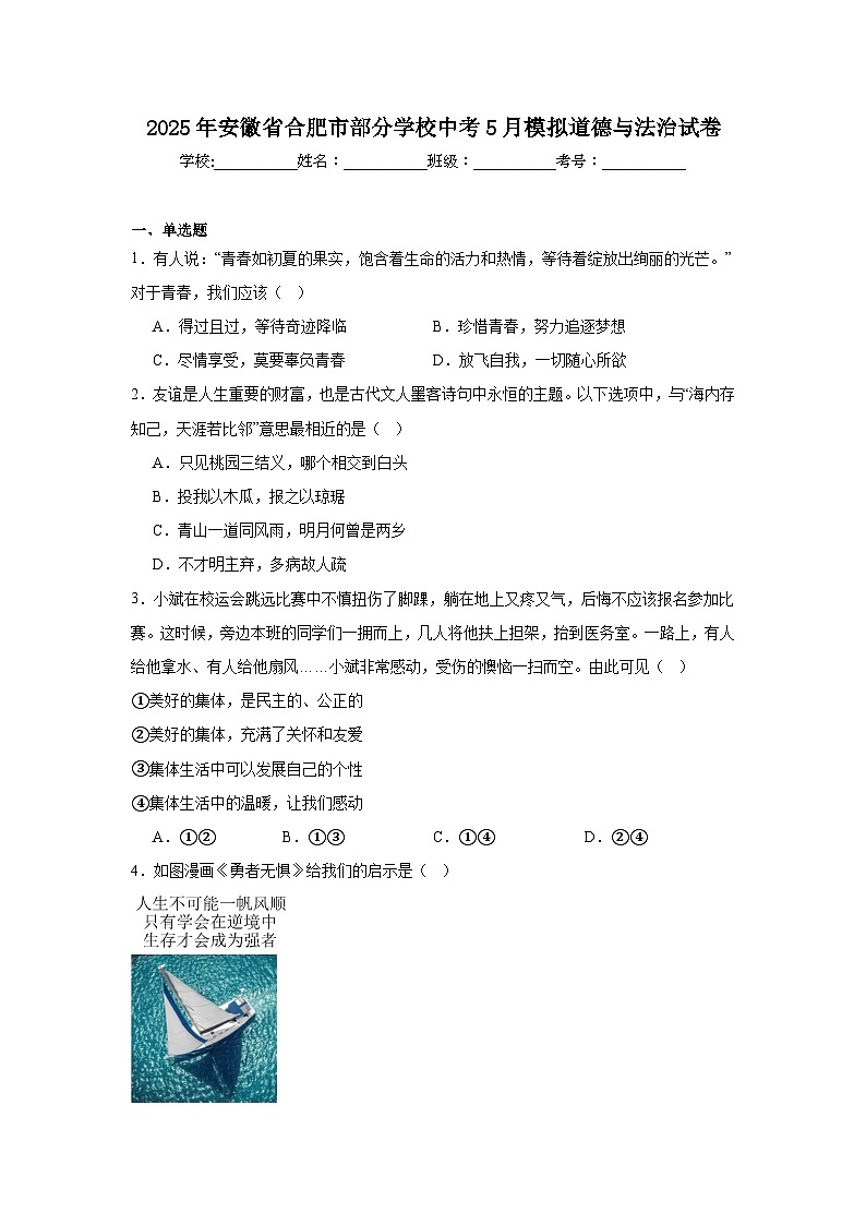 2025年安徽省合肥市部分学校中考5月模拟道德与法治试卷(附答案解析)第1页