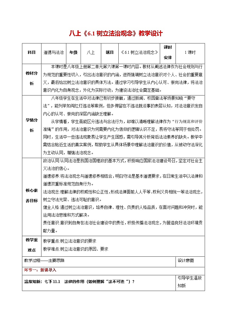新统编版初中道法八上 2-6-1《树立法治观念》-教学设计第1页