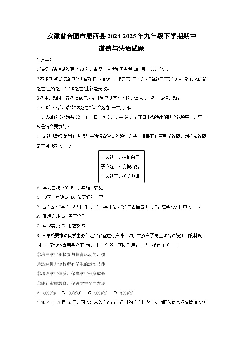 安徽省合肥市肥西县2024-2025年九年级下学期期中道德与法治试卷（学生版）