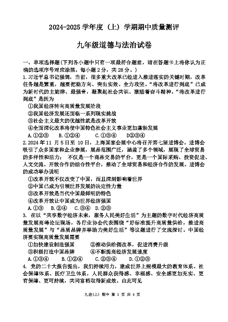 湖北省汉川市2024-2025学年九年级上学期11月期中道德与法治试题