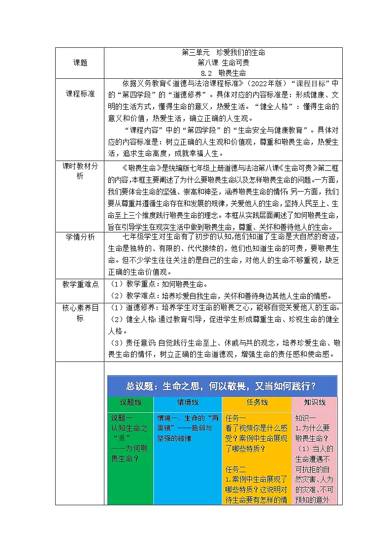 部编人教版初中道德与法治 七年级上册8.2敬畏生命 教学设计第1页