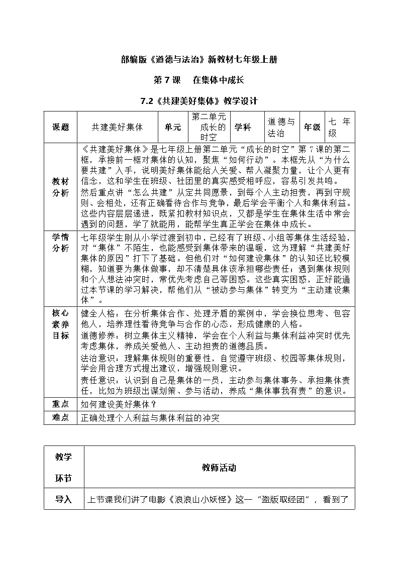 7.2《共建美好集体》教学设计 2025-2026学年道德与法治 七年级上册第1页