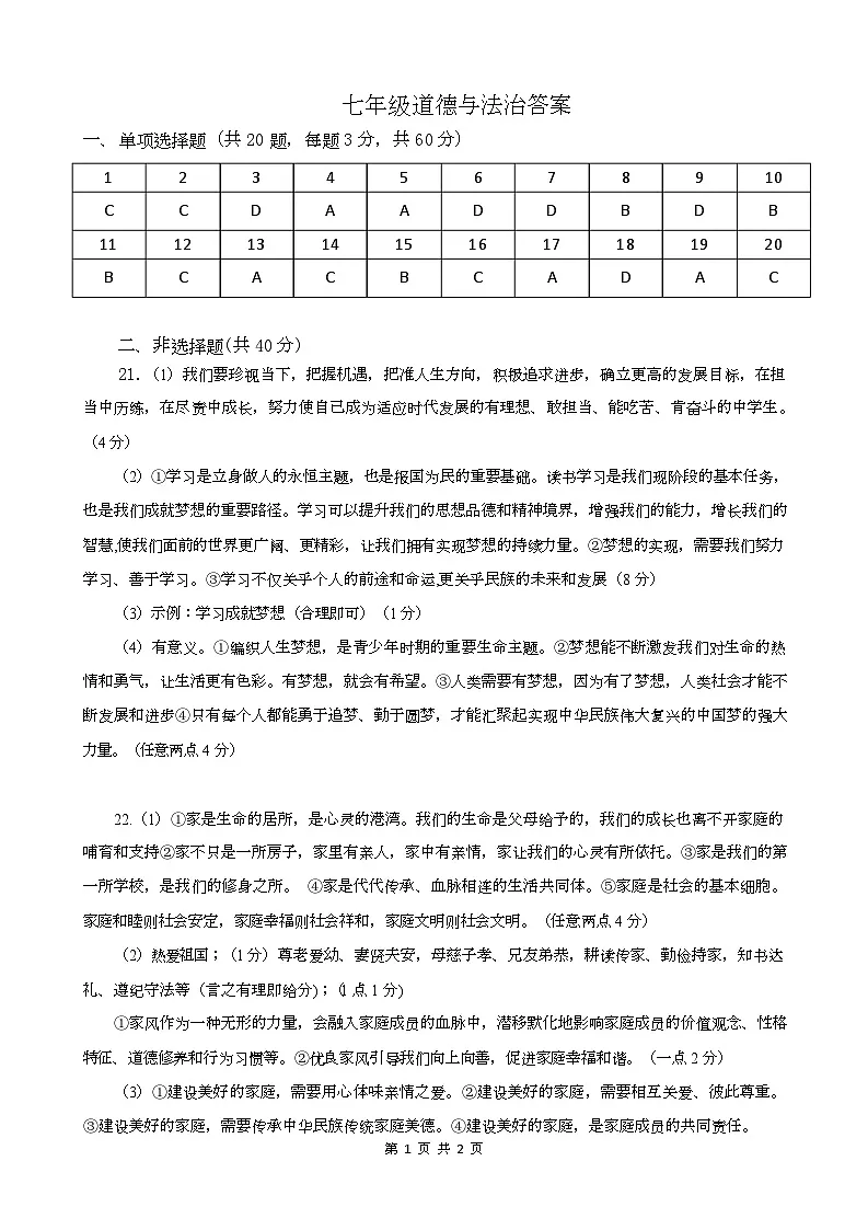 七年级道德与法治答案第1页