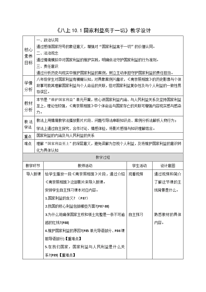 10.1《国家利益高于一切》教案 2025-2026学年统编版道德与法治 八年级上册第1页