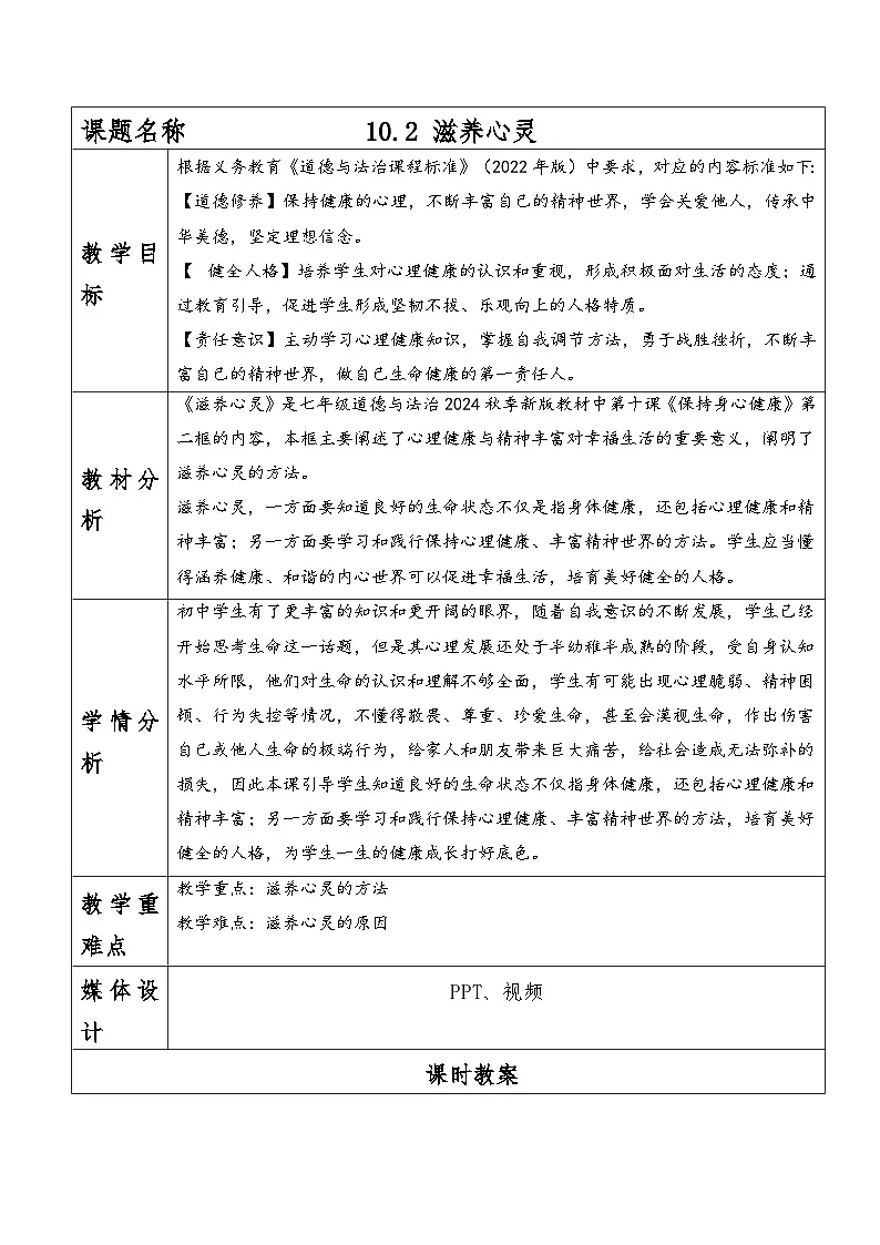10.2 滋养心灵教案 2025-2026学年统编版道德与法治七年级上册第1页