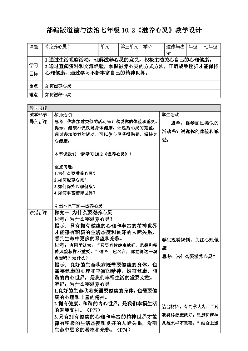 10.2 滋养心灵 教案- 2025-2026学年统编版道德与法治七年级上册第1页