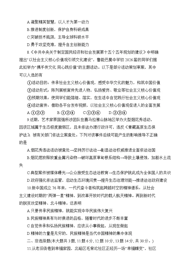 重庆市鲁能巴蜀中学校2025-2026学年九年级上学期期中 道德与法治试题第3页