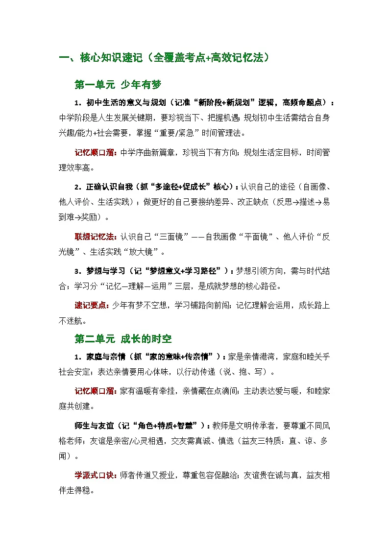 统编版(2024)七年级上册道德与法治期末复习:知识速记+考点突破+考点精练+答案解析 讲义第2页