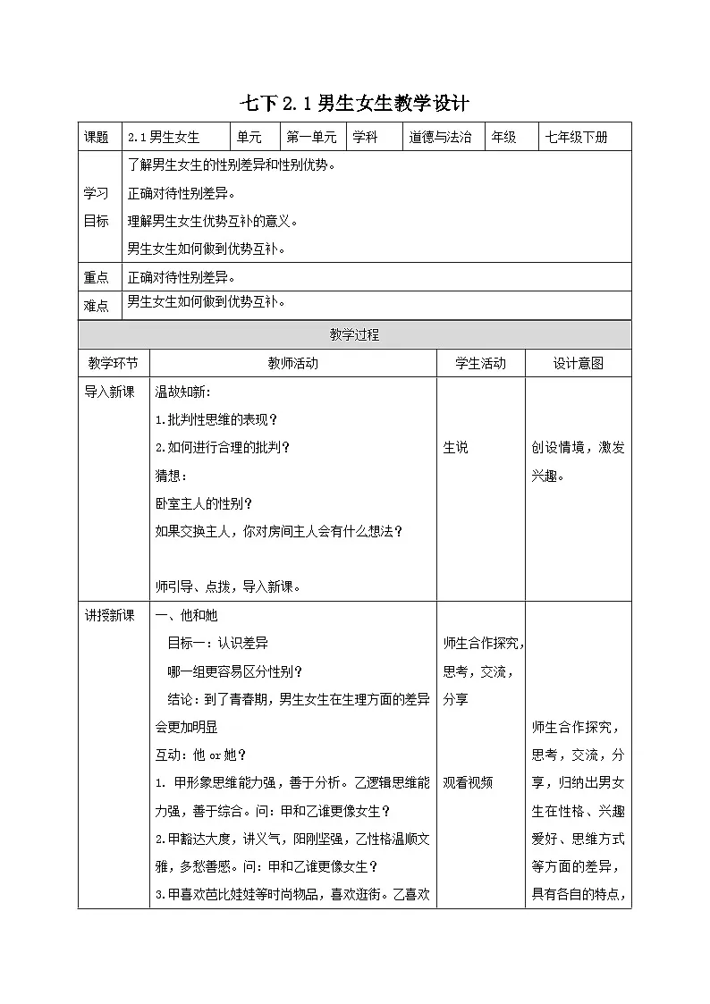 人教版部编初中道法七下1-2-1《男生女生》教学设计第1页