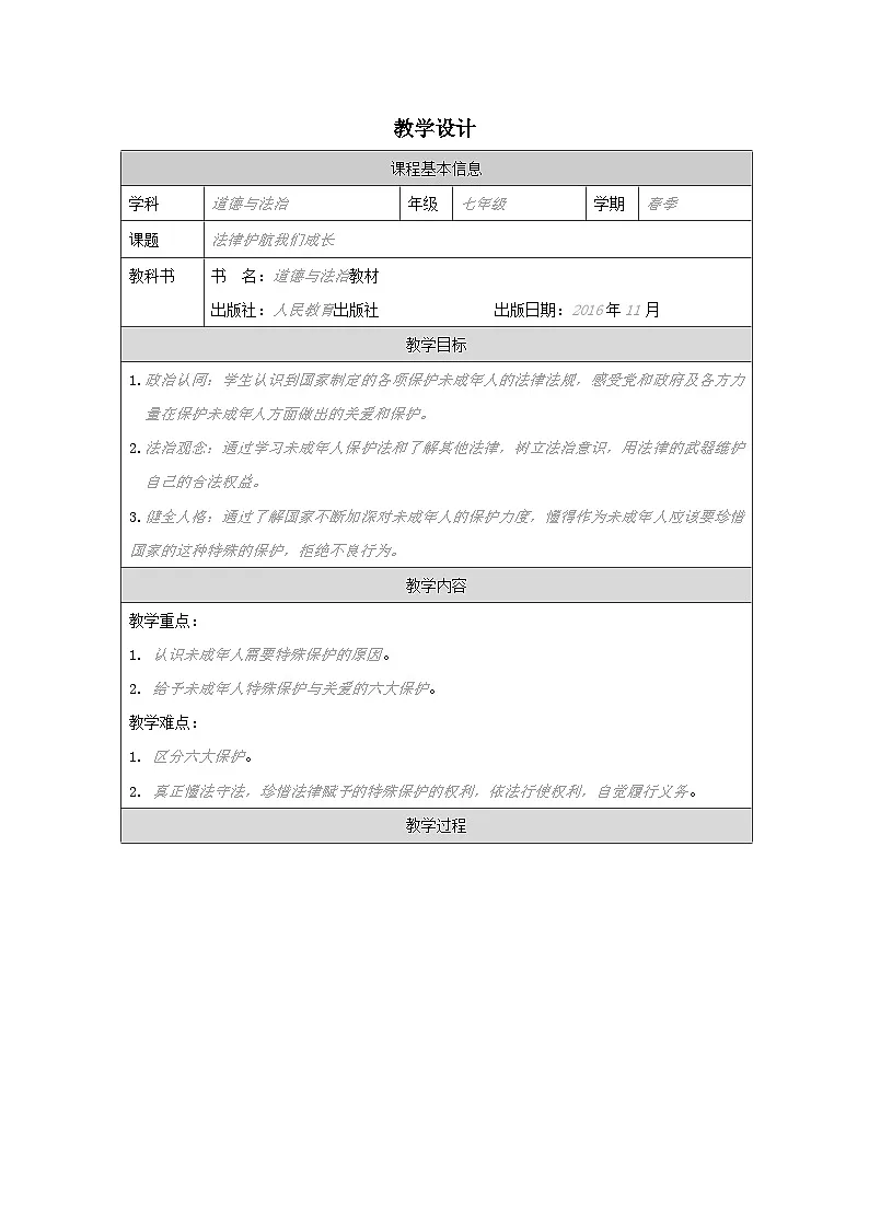 道德与法治统编版七下第四单元第十课《法律伴我们成长 法律为我们护航》表格式教案第1页