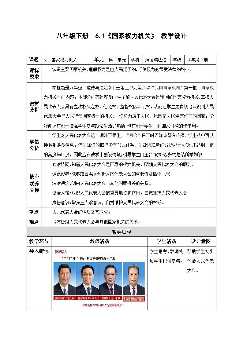 人教版部编初中道法八下3-6-1《国家权力机关》教学设计第1页