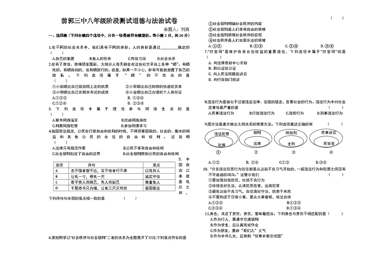 吉林省松原市前郭三中2024~2025学年度上学期前郭三中八年级期中阶段测试 道德与法治试卷(含答案)第1页
