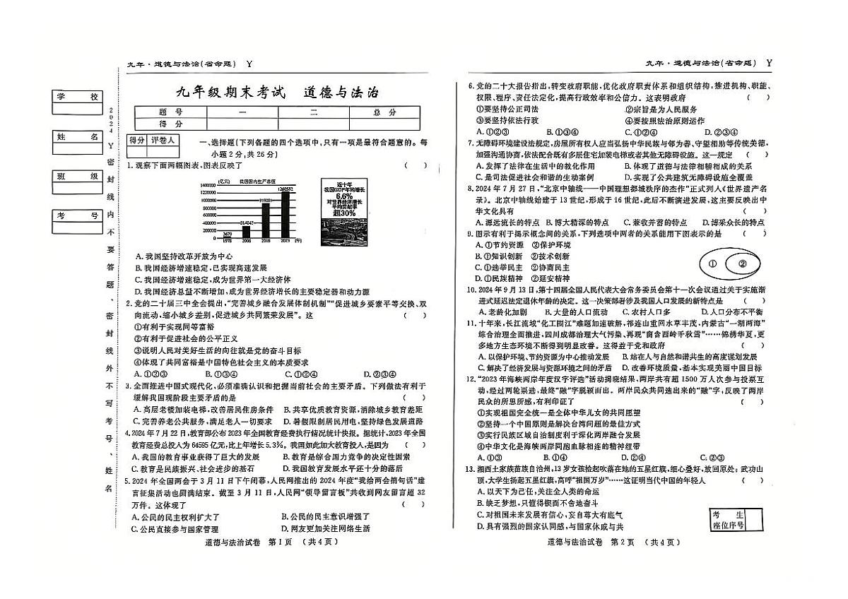 吉林省松原市前郭县2024~2025学年度上学期九年级期末考试 道德与法治(含答案)第1页