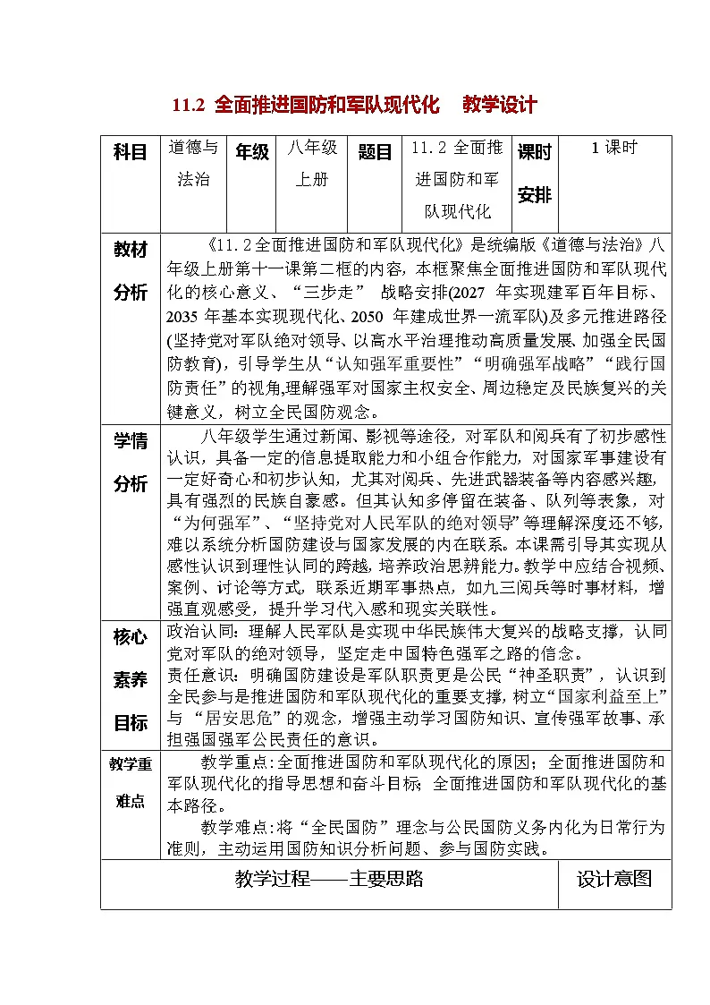 11.2 全面推进国防和军队现代化(教学设计) -2025-2026学年统编版道德与法治八年级上册第1页