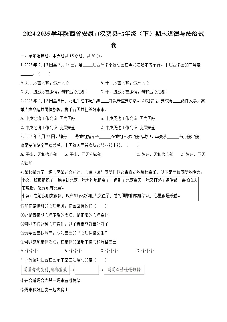 2024-2025学年陕西省安康市汉阴县七年级(下)期末道德与法治试卷-自定义类型第1页