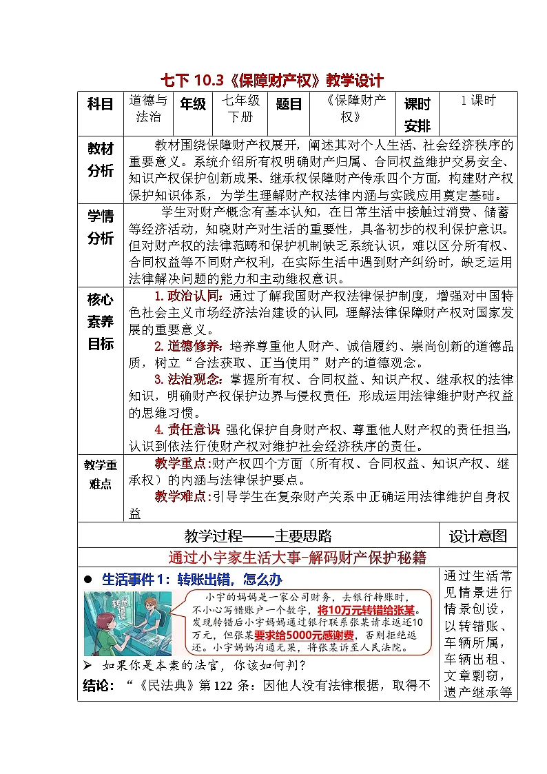 部编人教版初中道德与法治七年级下册10.3 保障财产权(教案设计)第1页