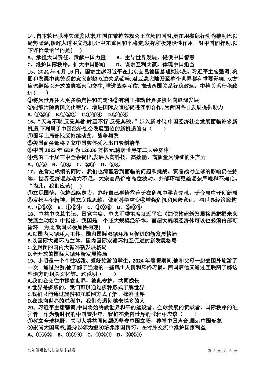 广东省东莞市理想学校九年级上学期期末道德与法治试卷第3页