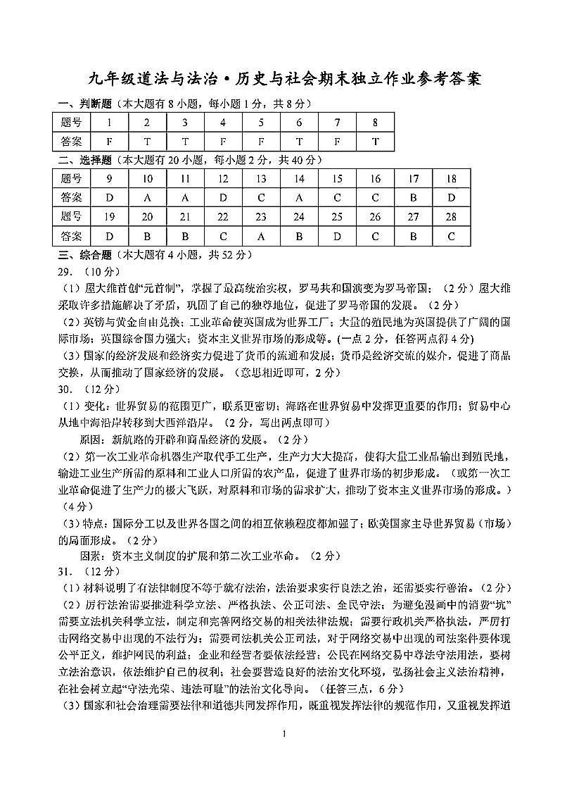 社会+道法答案-2501杭州余杭临平九上期末模拟第1页