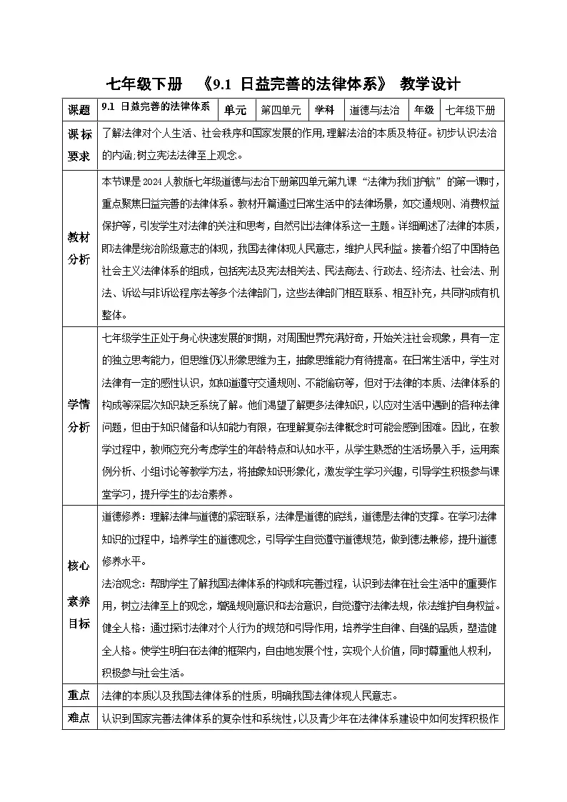 9.1日益完善的法律体系(教学设计)-初中道德与法治统编版(2024)七年级下册第1页
