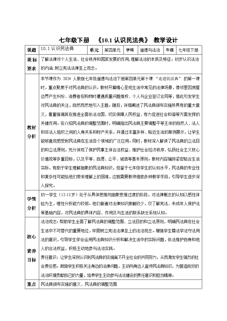 10.1认识民法典(教学设计)-初中道德与法治统编版(2024)七年级下册第1页