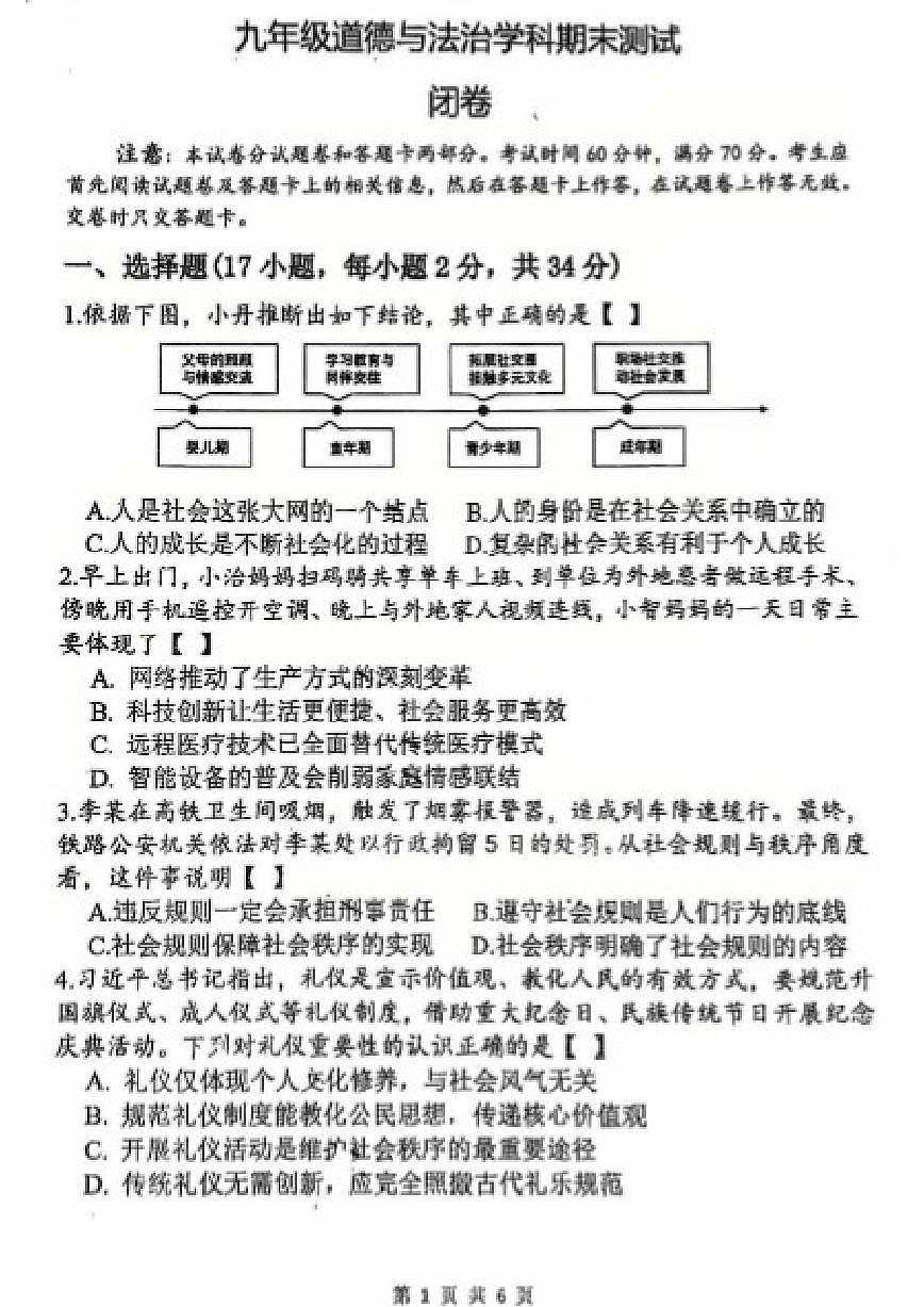 2025-2026年河南省郑州外国语中学九年级上学期期末道德与法治试卷(含答案)第1页