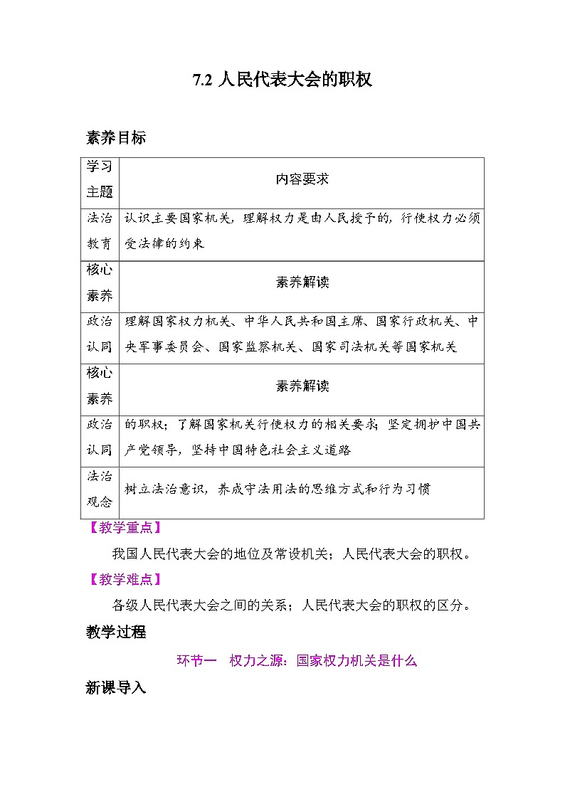 7.2+人民代表大会的职权+教案-2025-2026学年统编版道德与法治八年级下册第1页