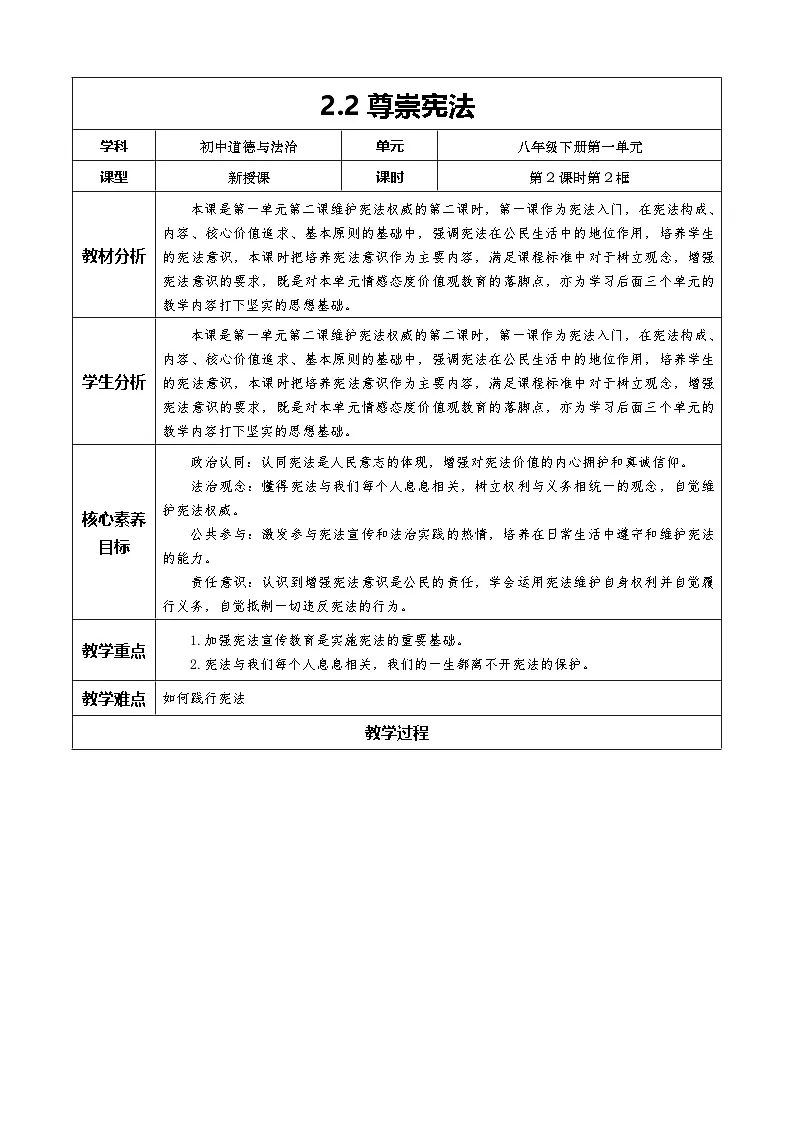 2.2《尊崇宪法》教学设计 2025-2026学年道德与法治 八年级下册 统编版第1页