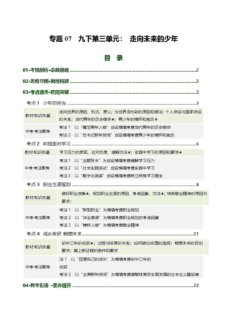 专题07 走向未来的少年(复习讲义)2026年中考道德与法治一轮复习讲练测含答案第1页