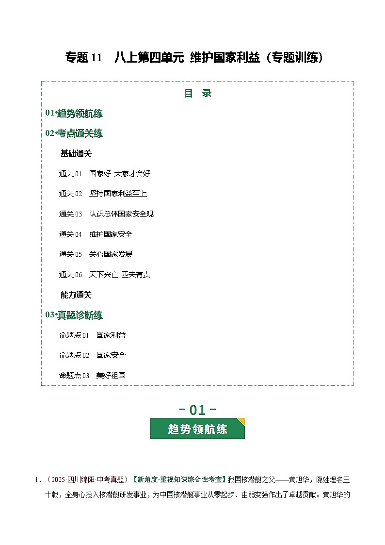 2026年中考道德与法治一轮复习讲练测专题11 维护国家利益(专题训练)(全国通用)(原卷版)无答案第1页