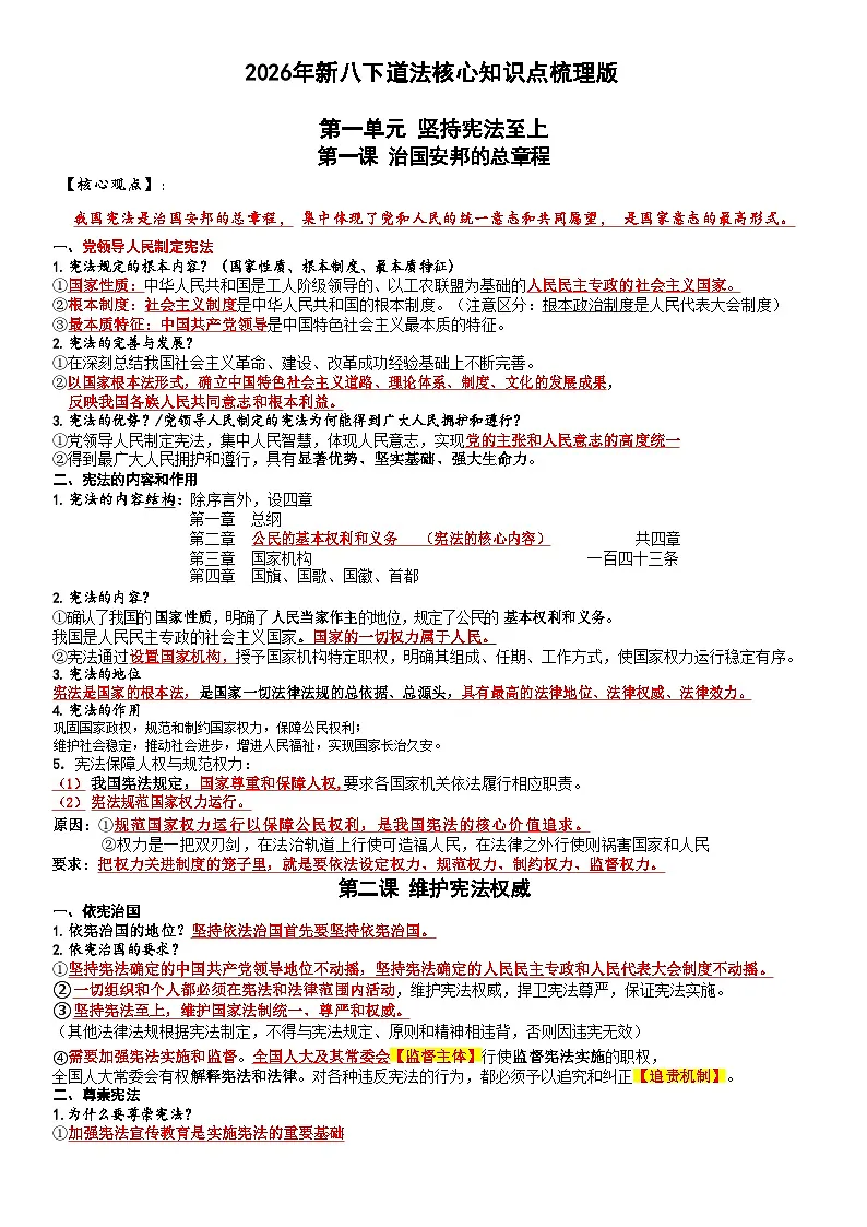 2026年新版八年级下学期道德法治核心知识点整理资料第1页