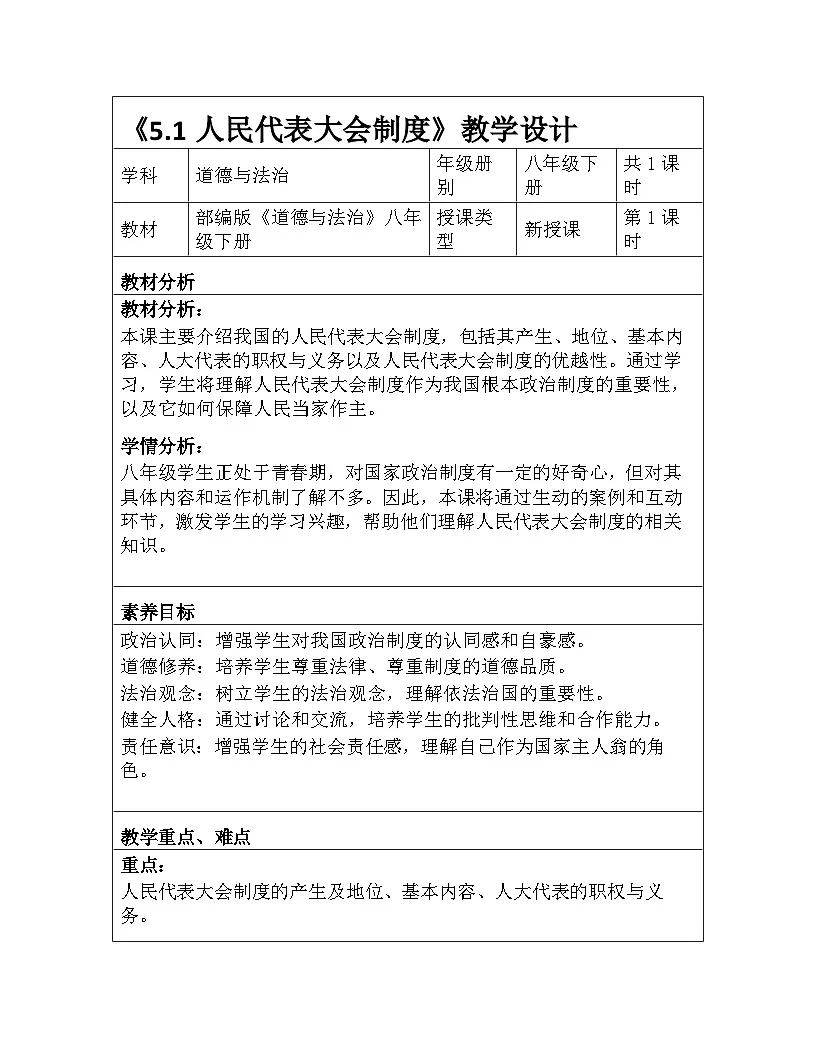 统编版2024初中道法八下3-5-1《人民代表大会制度》教学设计第1页