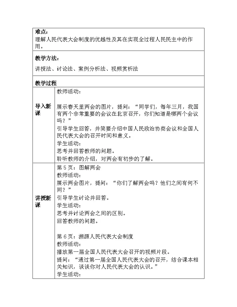 统编版2024初中道法八下3-5-1《人民代表大会制度》教学设计第2页